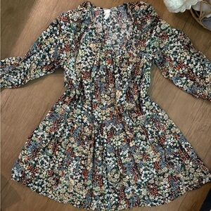 Divided Floral Long Sleeve Dress - Multicolor
